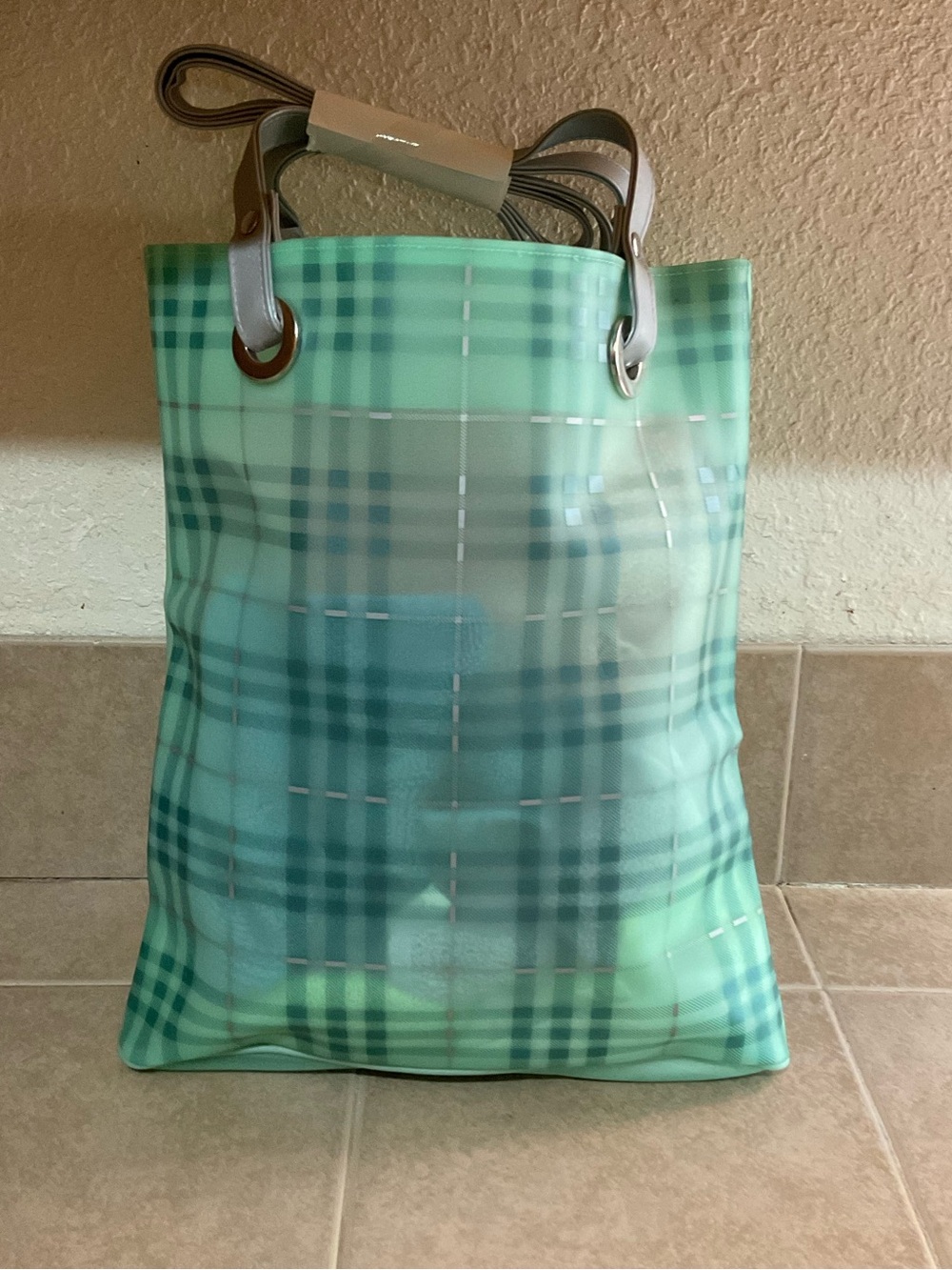 Avon vintage Mint Plaid Tote Bag with Silver Handles